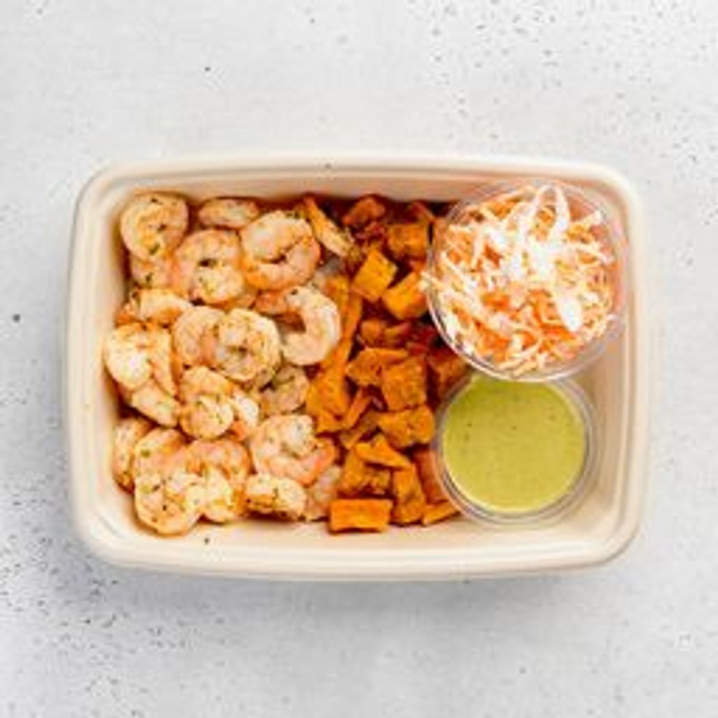 Prawns with Sweet Potato and Slaw