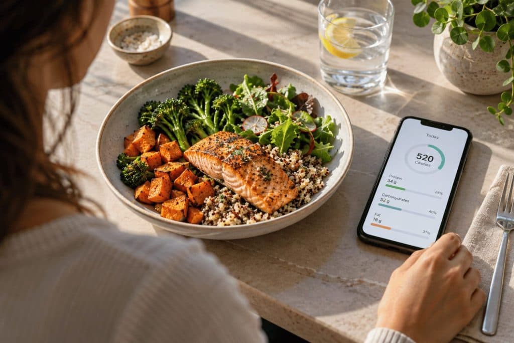 Healthy meal beside a nutrition app showing calories and macros