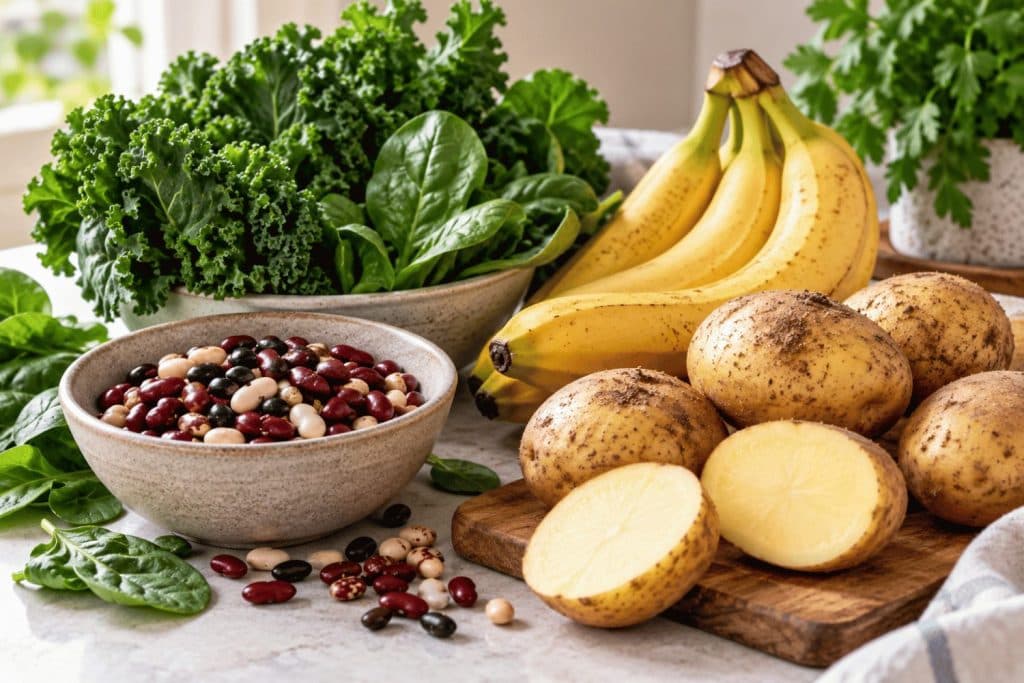 Potassium-rich foods including leafy greens, beans, bananas and potatoes