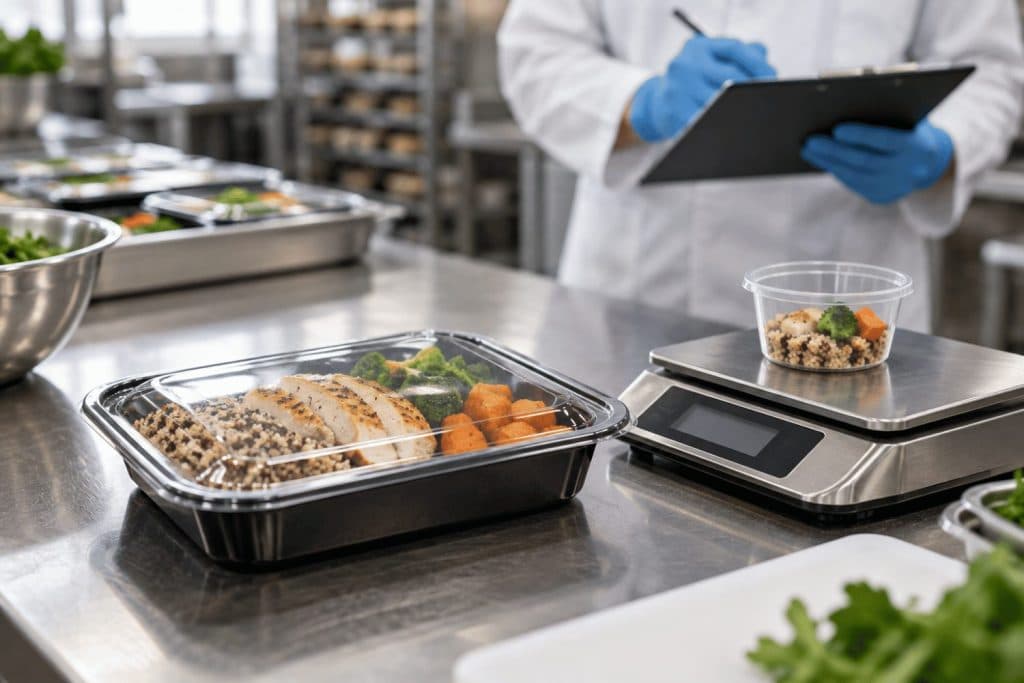 Prepared meal being weighed during nutrition quality control