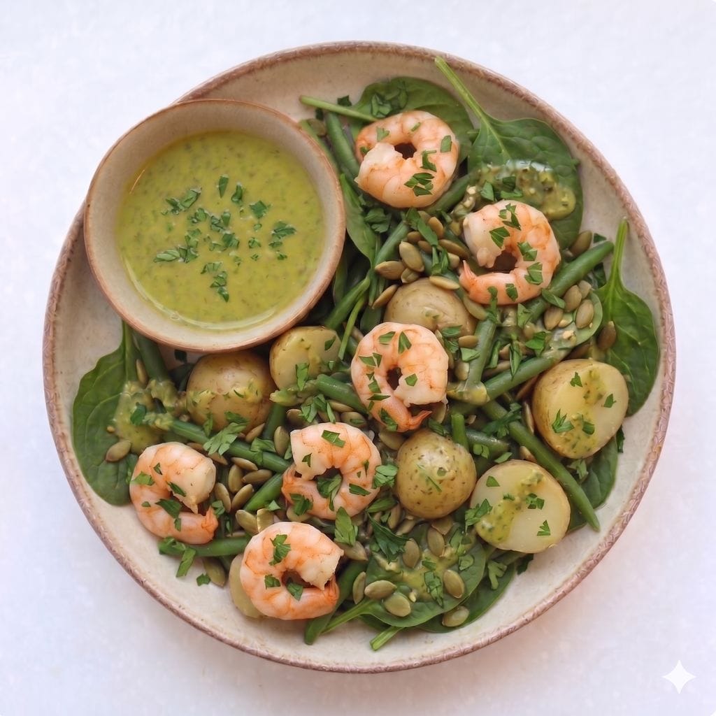 Green Goodness Potato Salad with Prawns