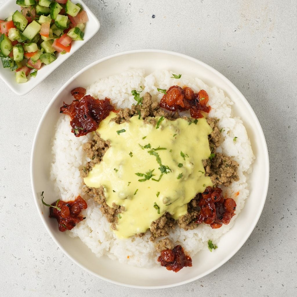 Curried Mince on Coconut Rice