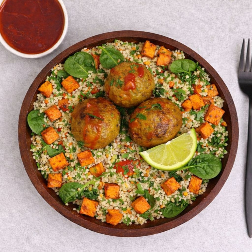 Tofu Harissa Koftes with Quinoa Veg