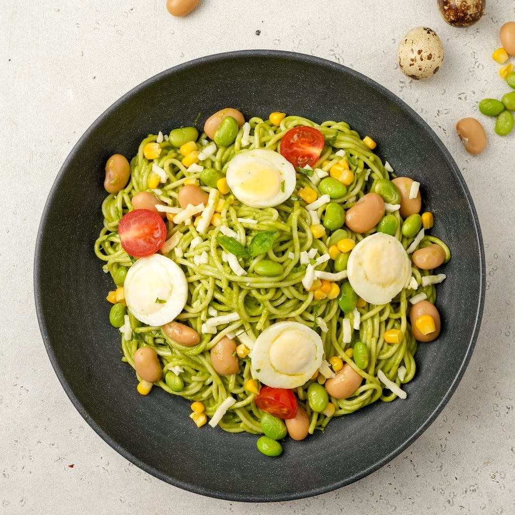 Vegetarian Pesto Spaghettini with Quail Eggs