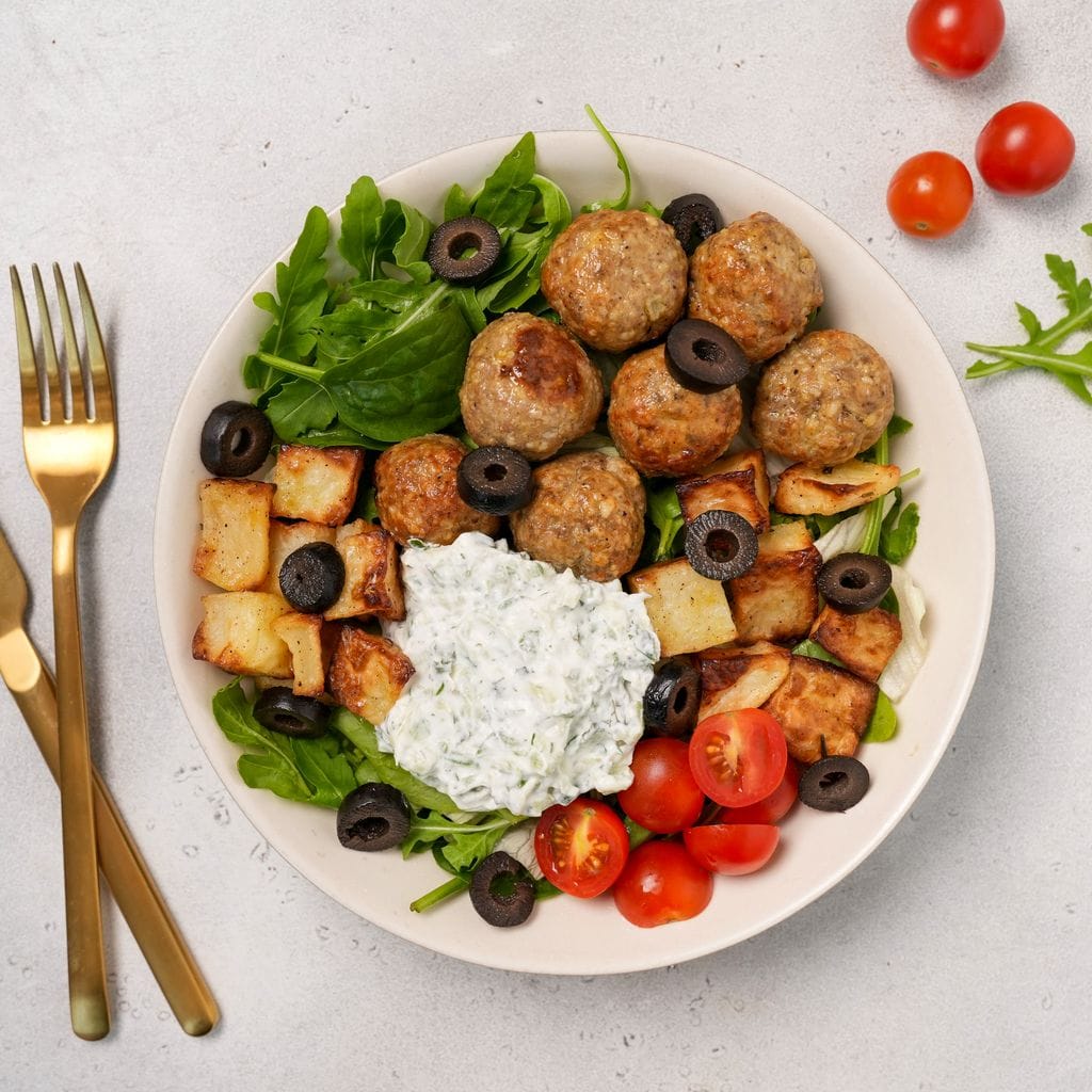 Greek Style Beef Meatball Bowl