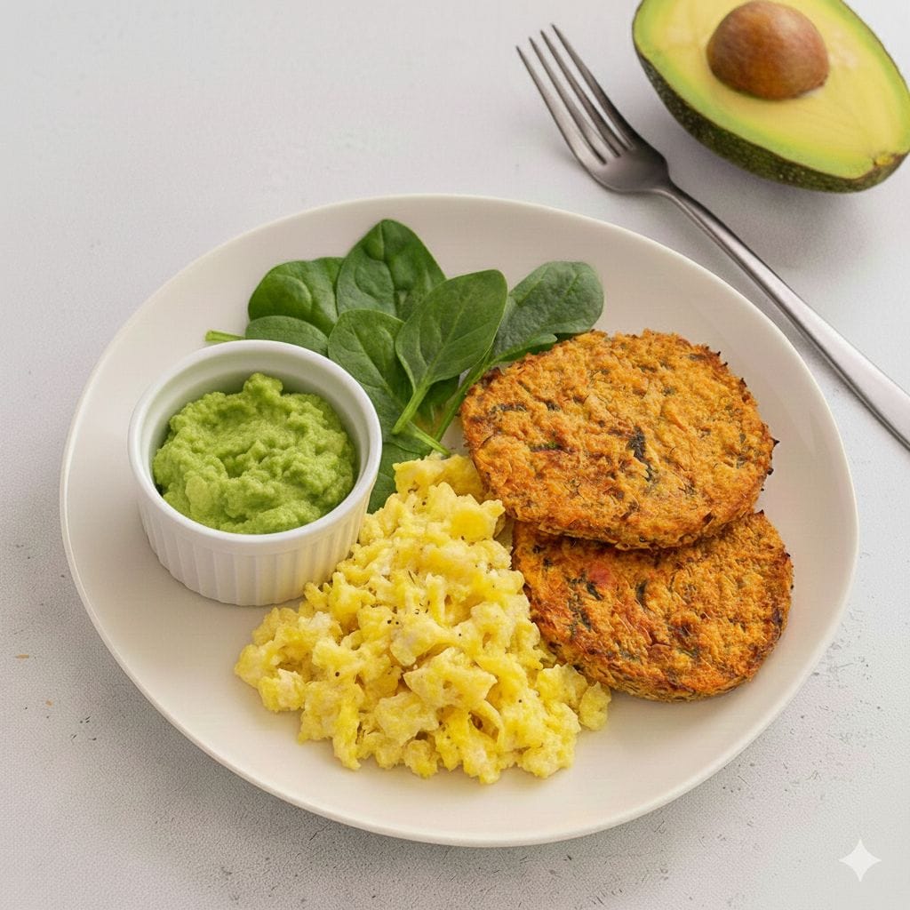 Carrot Fritter with Scrambled Eggs and Spinach