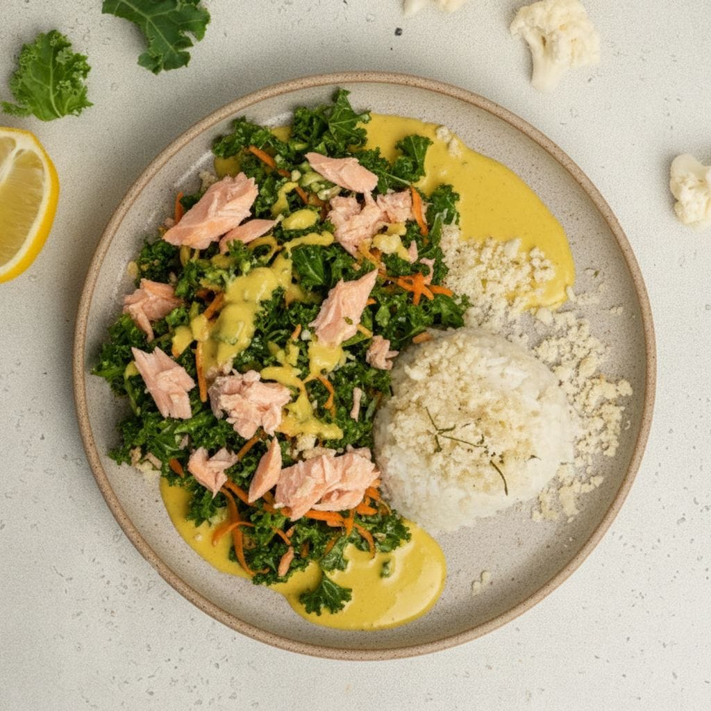 سمك السلمون بنكهة الليمون مع الكرنب والجزر والأرز