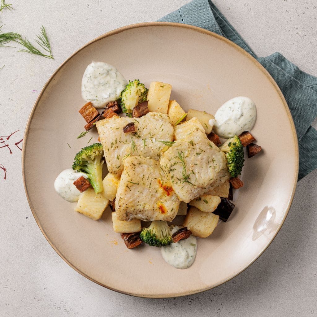 سمك الليمون مع الأعشاب والخضار المشوية