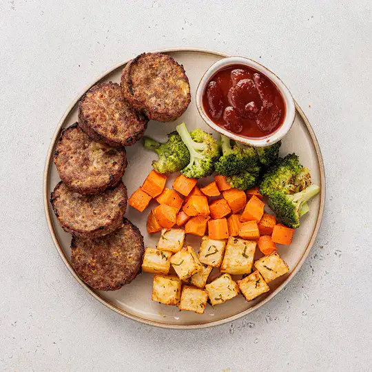 Beef Patties with Roasted Veg