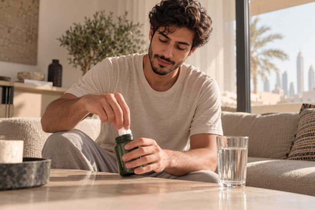 رجل يتناول مكمل الأشواغاندا مع كوب من الماء