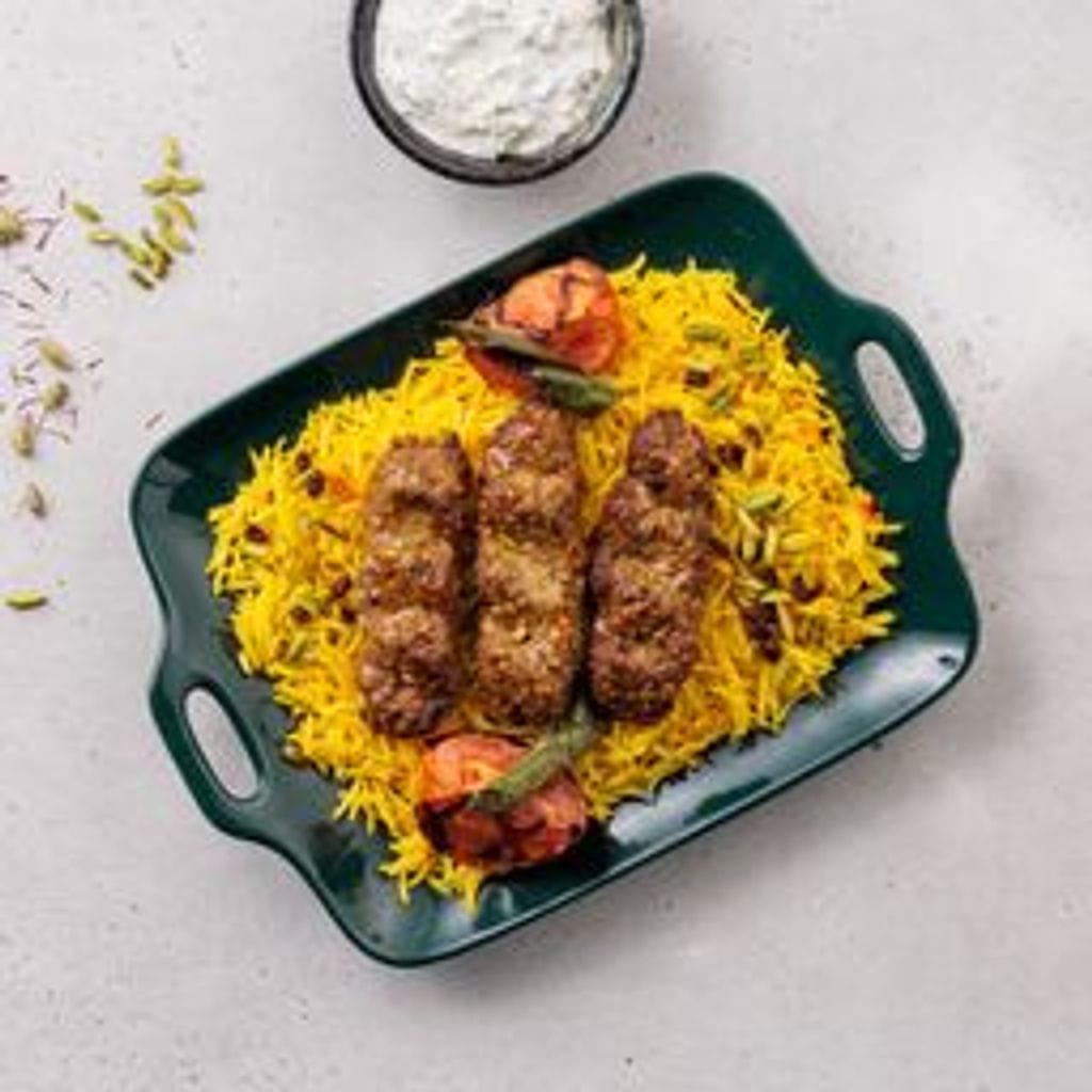 Lamb Kebab with Saffron Cardamom Rice