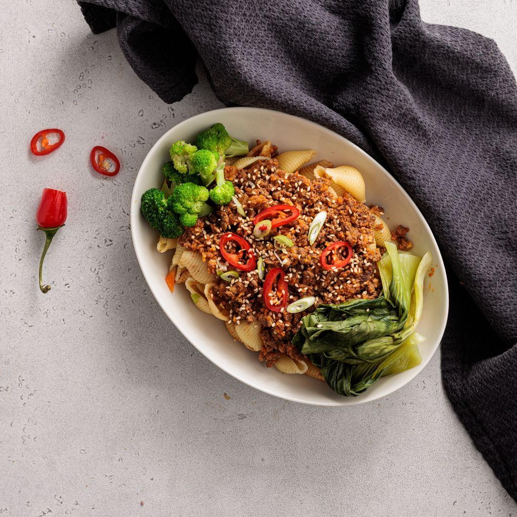 Gochujang Beef Pasta with Greens