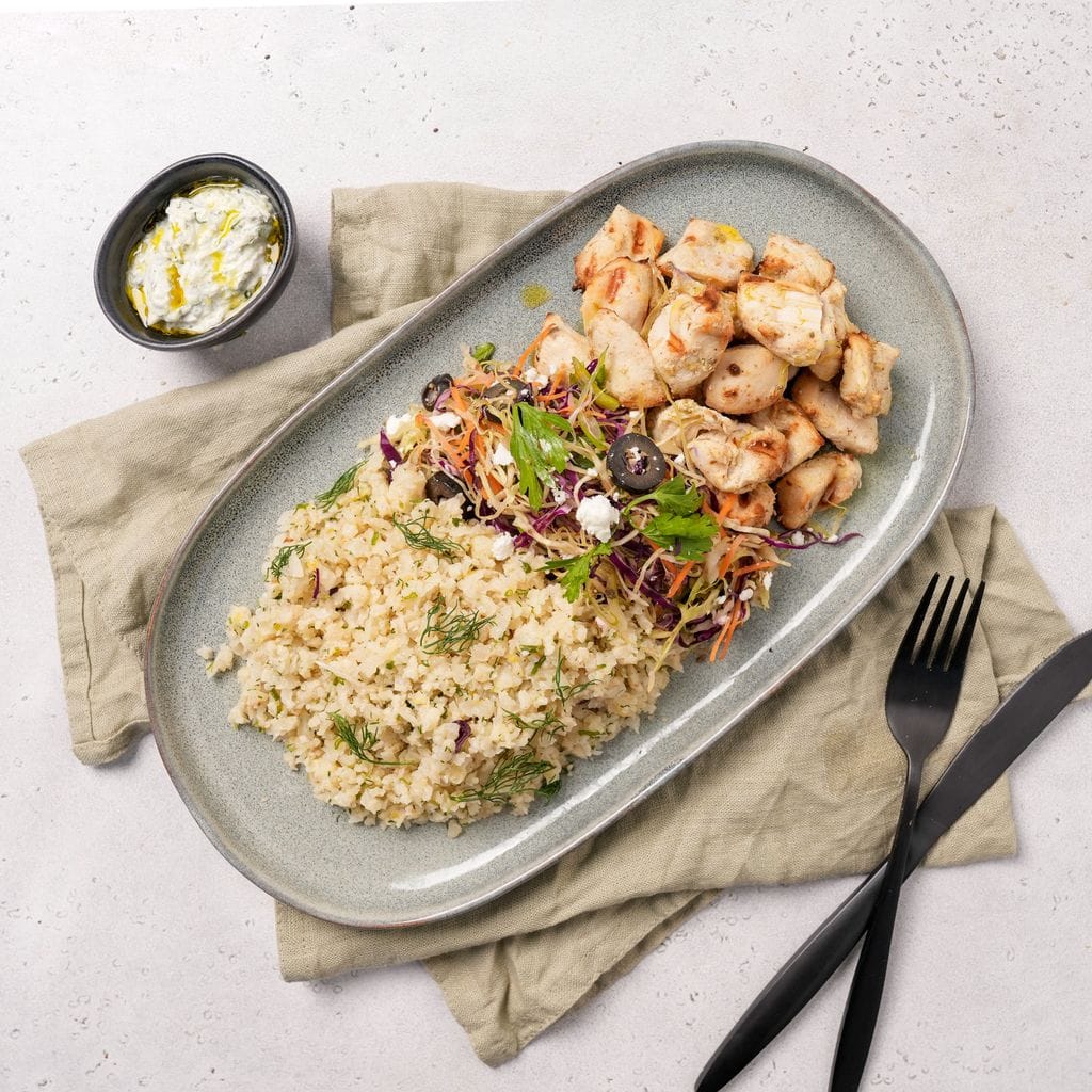 Chicken Souvlaki with Greek Cauliflower Rice