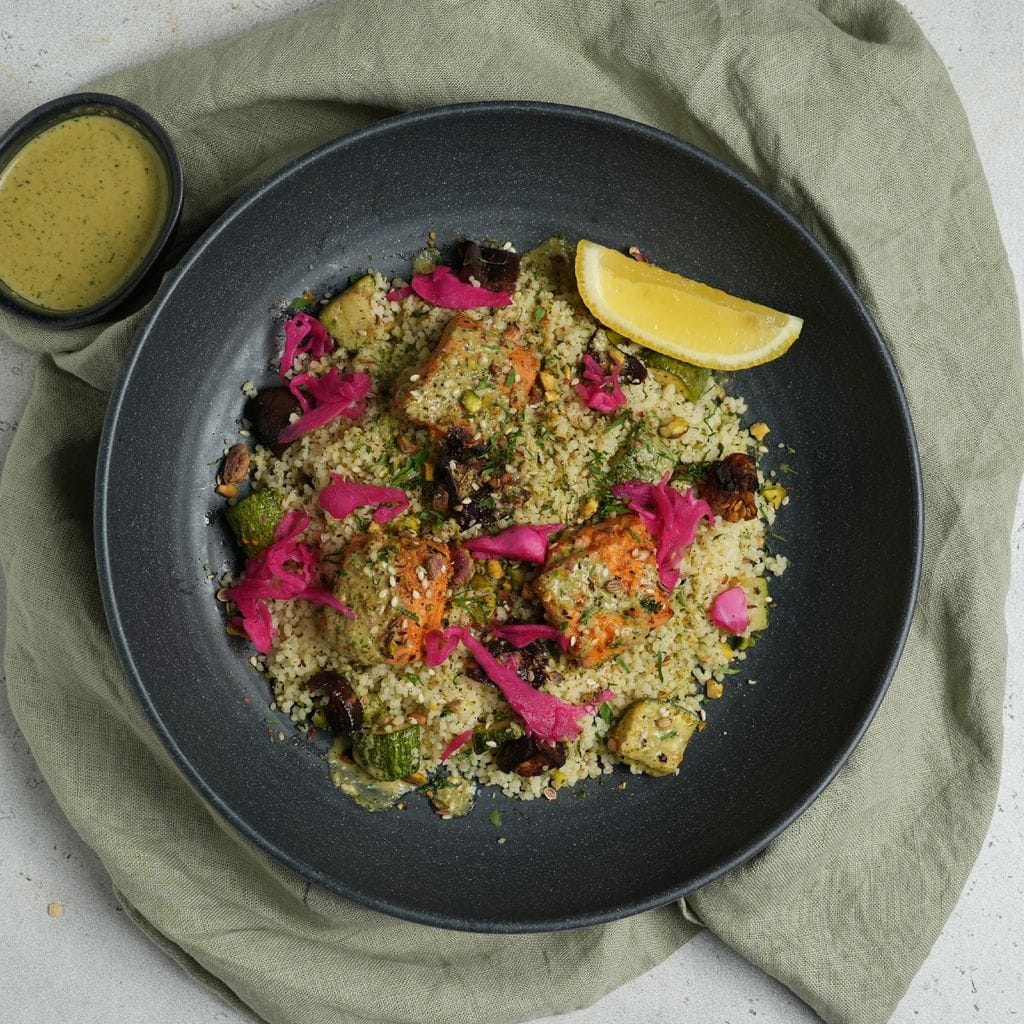 Harissa Salmon with Pistachio Couscous