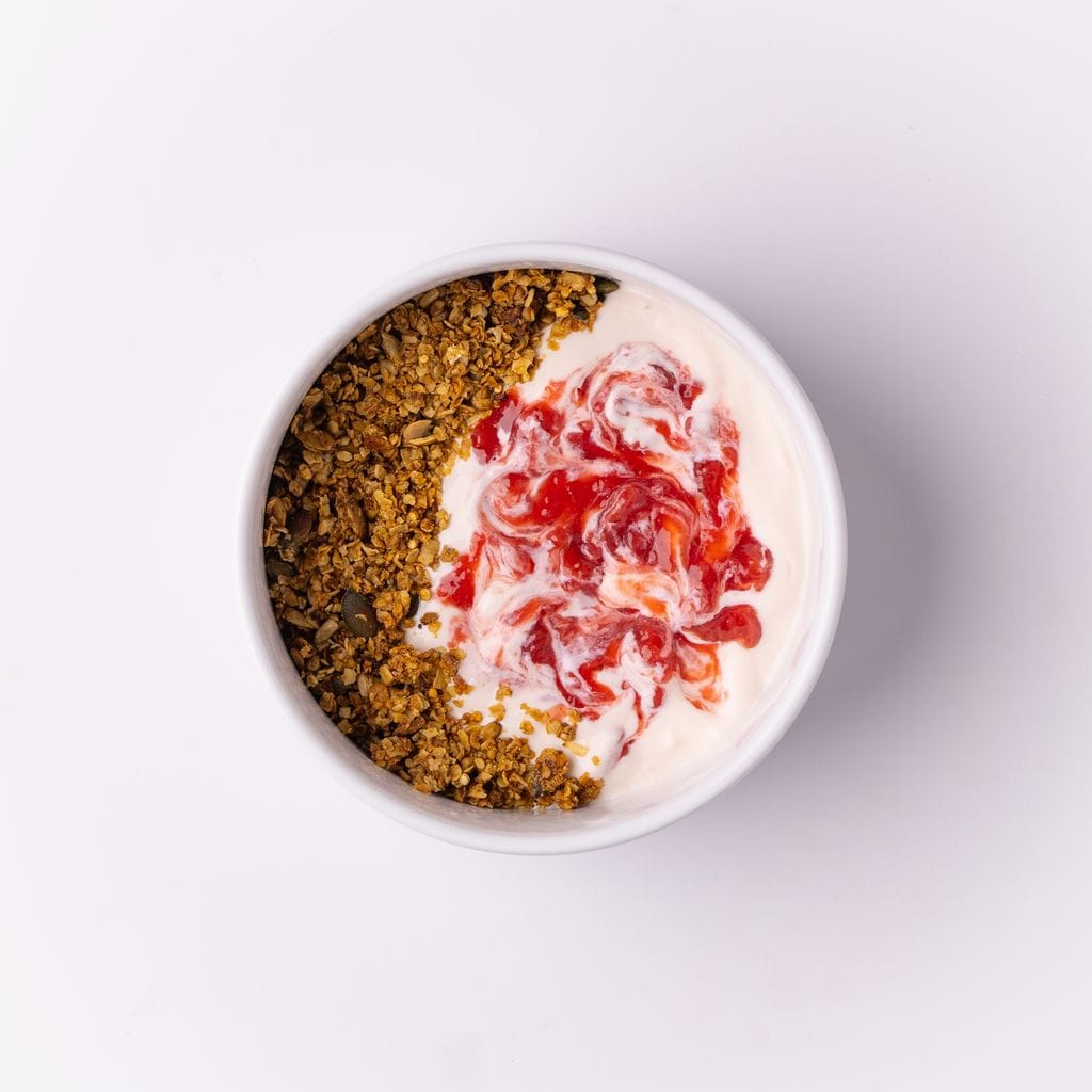 Protein Strawberry Yoghurt with Chocolate Granola