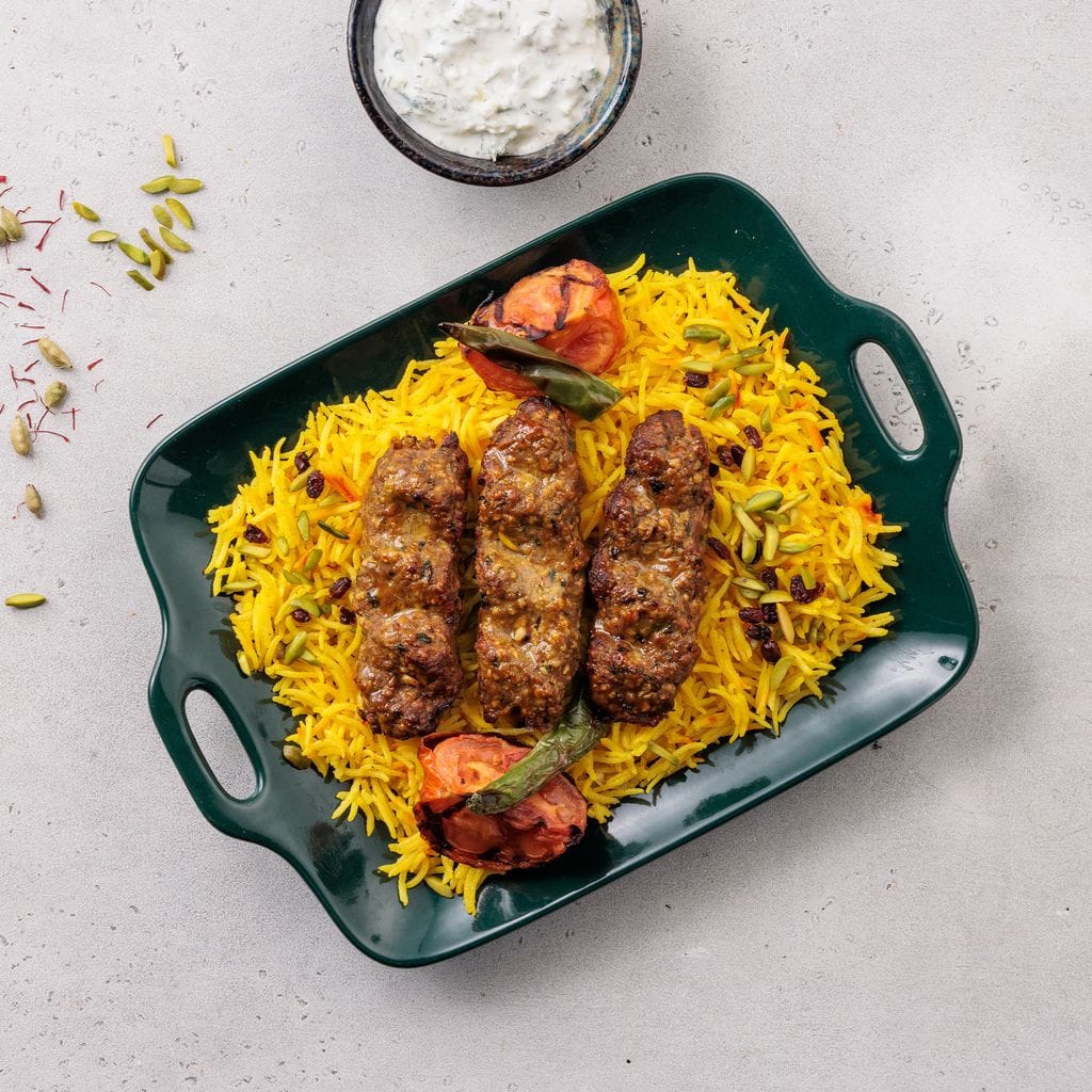 Lamb Kebab with Saffron Cardamom Rice